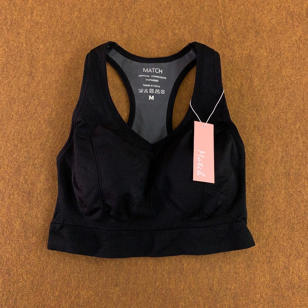 Match Womens Medium Black Seamless Racerback Mesh V-Neck Sports Bra NWT